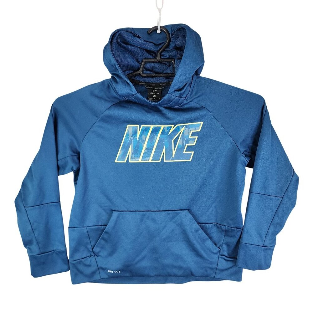 Boys Nike Dri-Fit Blue Pullover Hoodie Sweatshirt Long Sleeve 100% Polyester L